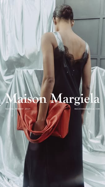 This ad features a model holding a Maison Margiela bag with the brand and season displayed in the center.