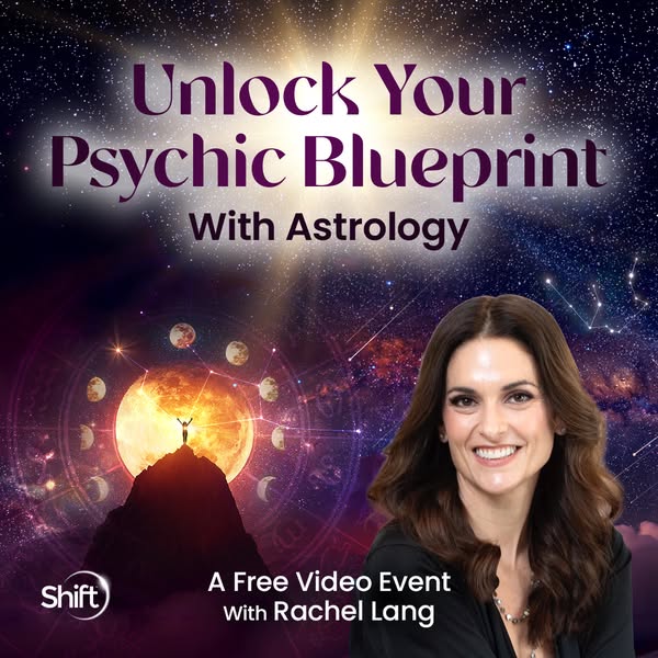 This image ad promotes a free video event with Rachel Lang, focusing on astrology to unlock your psychic blueprint. The 