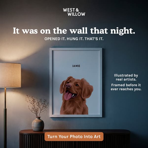 This image ad for West & Willow features a custom pet portrait hanging on a wall in a home setting. The headline emp