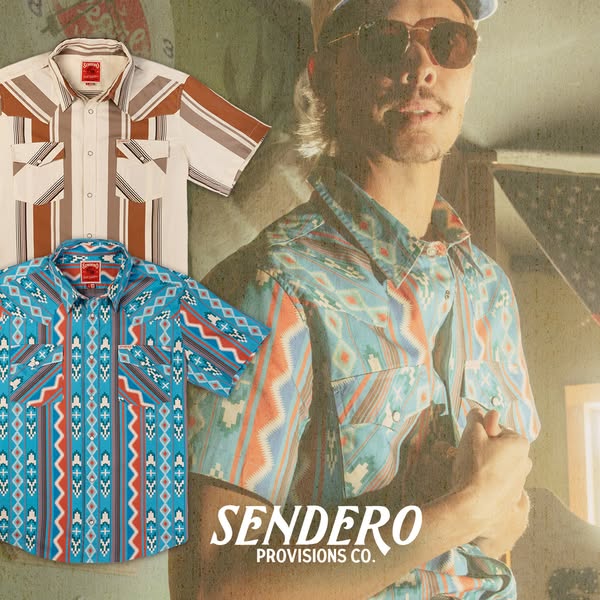 This ad showcases Sendero Provisions Co. western-style shirts and promotes the brand's unique designs.