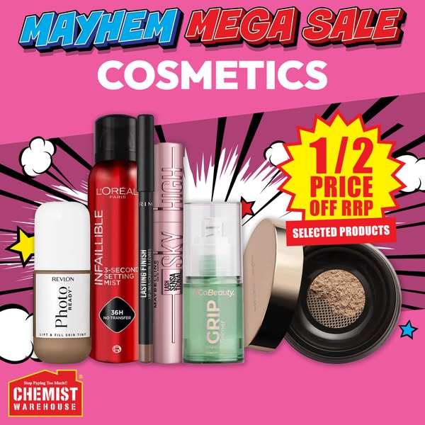 This is an image ad promoting a sale on cosmetics at Chemist Warehouse. It features various cosmetic products arranged i