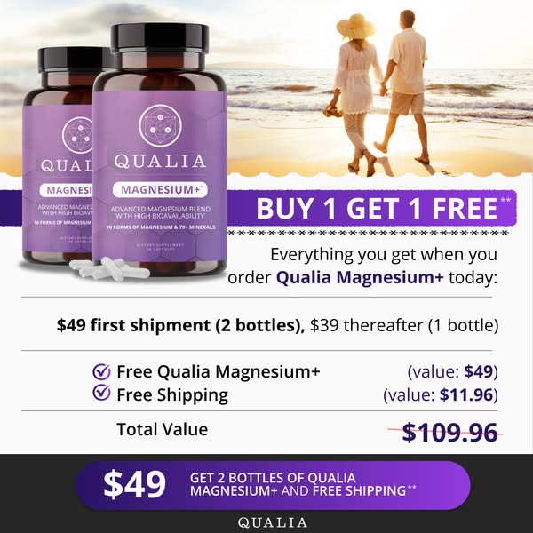 This ad promotes Qualia Magnesium+, highlighting its high bioavailability and blend of 10 forms of magnesium and over 70