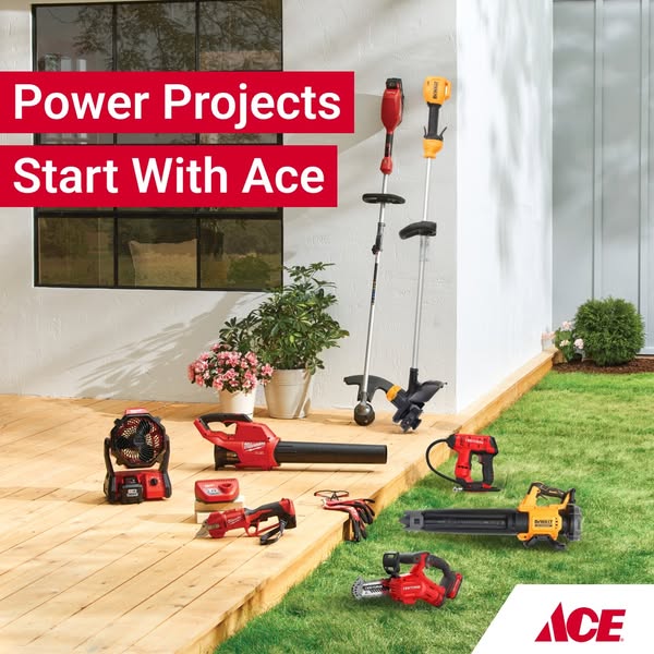 Image showcasing an array of power tools from different brands, all available at Ace Hardware, staged in a home setting