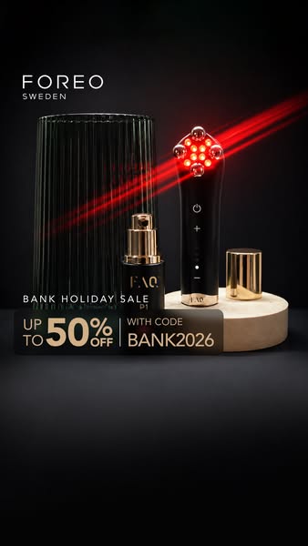 This ad promotes Foreo's f.a.q P1 device and serum with a discount code for a limited-time bank holiday sale.