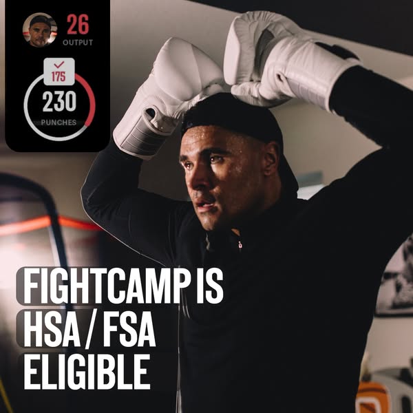 An image ad promoting FightCamp, highlighting the brand's eligibility for HSA/FSA payments. It features a man in box
