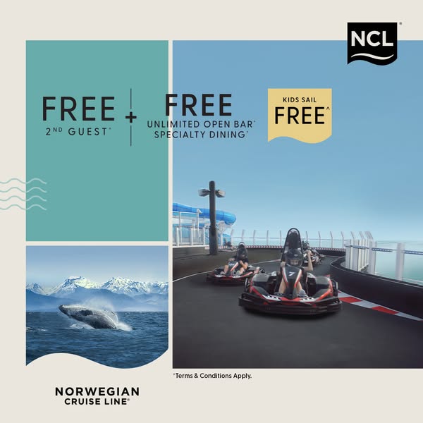 This ad for Norwegian Cruise Line entices travelers with several offers including a free second guest, unlimited open ba
