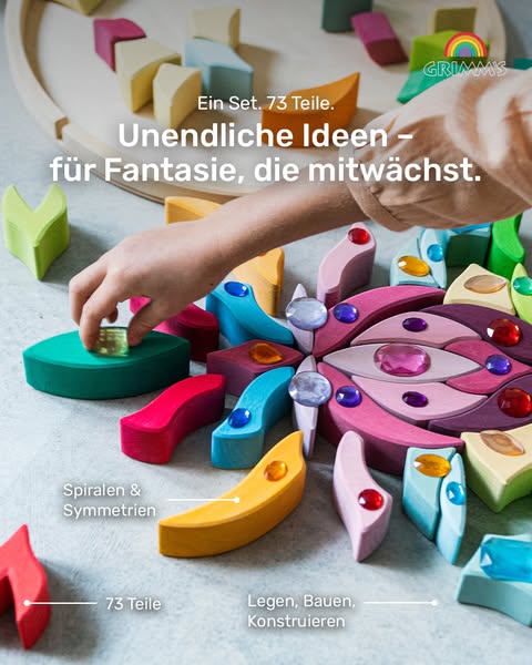 This ad features Grimm's wooden toys, highlighting their potential for creativity and imagination, and includes info