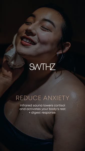 This ad features an image of a woman in a sauna, promoting relaxation and anxiety reduction through the use of infrared 