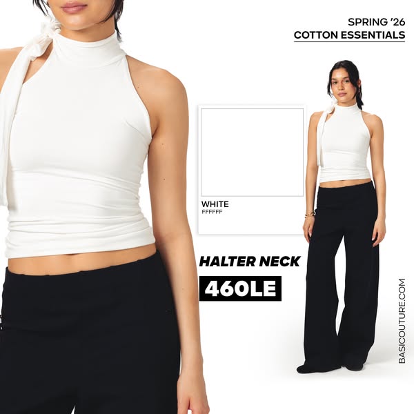 This ad showcases a white halter neck cotton top and provides a color code.