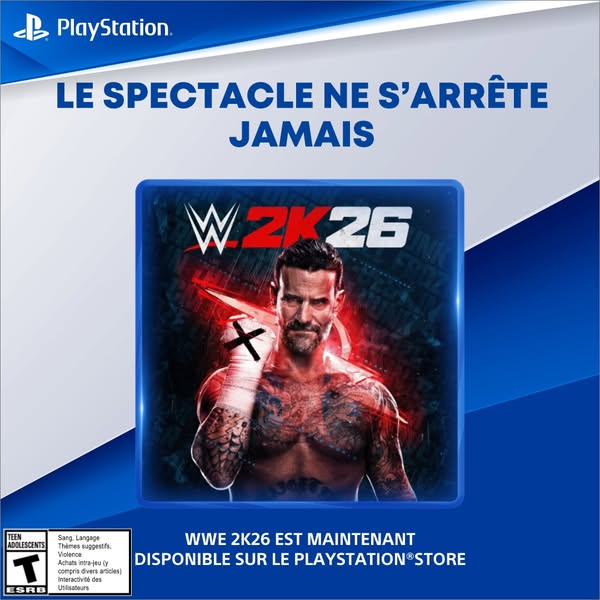 The ad promotes the WWE 2K26 game, available on the PlayStation Store. It features the game's cover art with a wrest