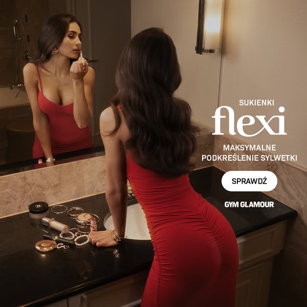 This Gym Glamour ad features a woman in a red dress applying lip gloss. The ad copy advertises Flexi dresses, made to ac
