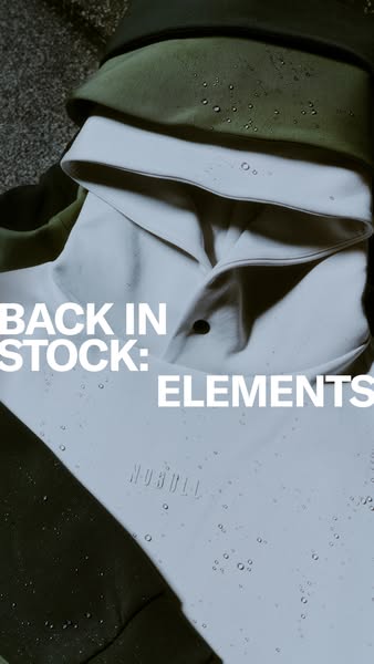 An image ad showcases stacked NOBULL Elements hoodies, emphasizing their restocked status and waterproof features.