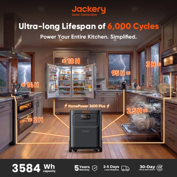 This ad showcases the Jackery HomePower 3600 Plus solar generator as a solution for maintaining power to kitchen applian