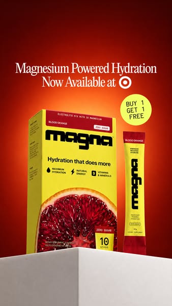 This ad showcases the Magna brand's magnesium-powered hydration product, an electrolyte mix in blood orange flavor, 