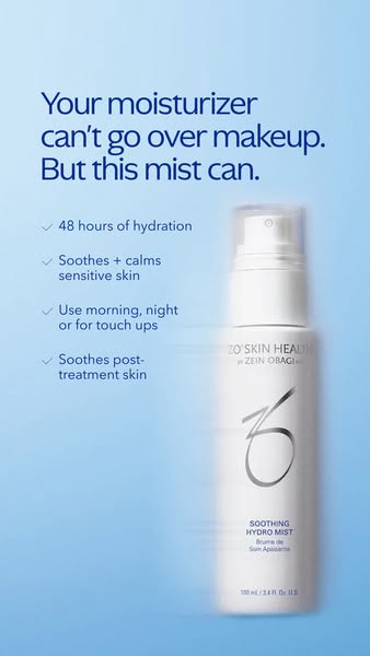 This image ad for ZO Skin Health Soothing Hydro Mist presents the product as a makeup-friendly alternative to moisturize