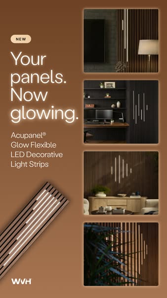 This ad showcases various interior spaces enhanced by Acupanel Glow Flexible LED Decorative Light Strips, emphasizing th