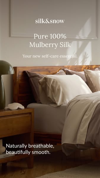 This ad showcases Silk & Snow's mulberry silk bedding, emphasizing its breathability and smoothness as a self-ca