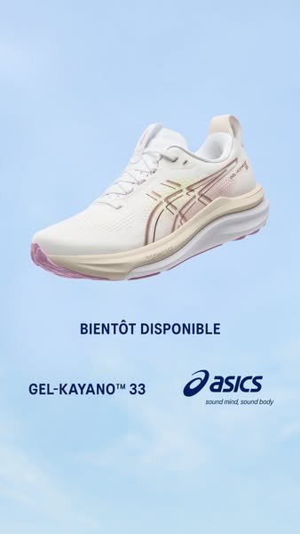 This ad features the GEL-KAYANO™ 33 running shoe from ASICS on a light blue background and highlights the upcoming avail