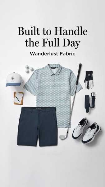 The ad presents a flat lay of golf apparel and accessories. It focuses on the fabric of the apparel being suited for all