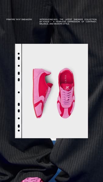 This ad showcases YUXUS 'NYX' sneakers in the 'Pinkfire' colorway. The sneakers are presented as part of