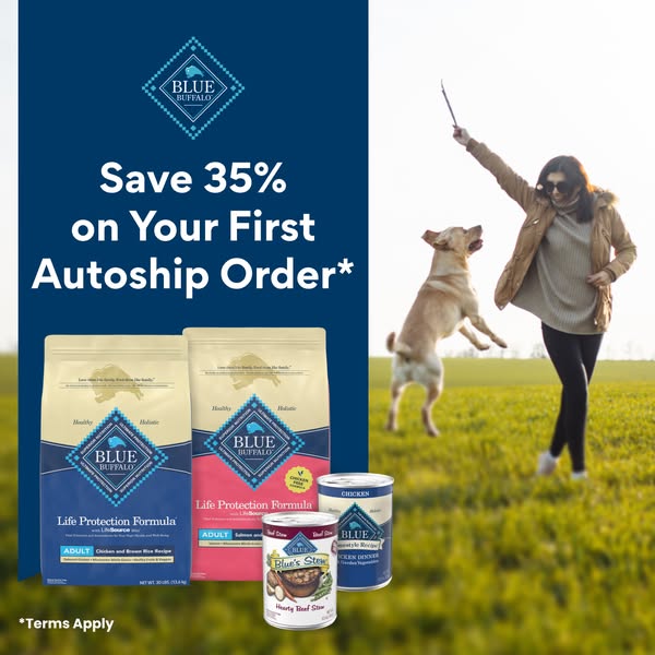 This image ad for Blue Buffalo promotes a discount on the first autoship order. It features Blue Buffalo dog food produc