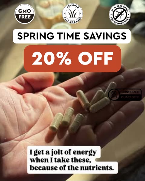 This ad promotes a dietary supplement with a 20% off spring discount. The ad features an image of supplement capsules he