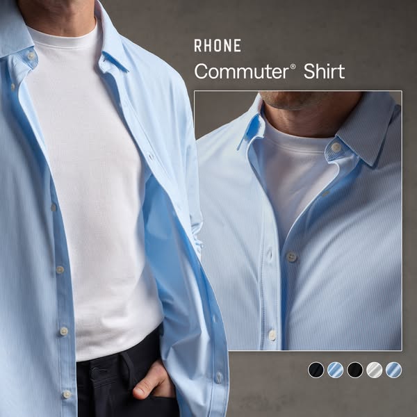 A product display ad for the Rhone Commuter shirt featuring a man wearing the shirt in light blue. A close up of the shi