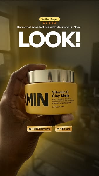 The ad features a customer testimonial addressing dark spots from hormonal acne, showcasing the Vitamin C Clay Mask. It 