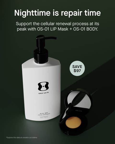 The ad features OneSkin's OS-01 body lotion and OS-01 lip mask. The ad emphasizes that nighttime is repair time and 