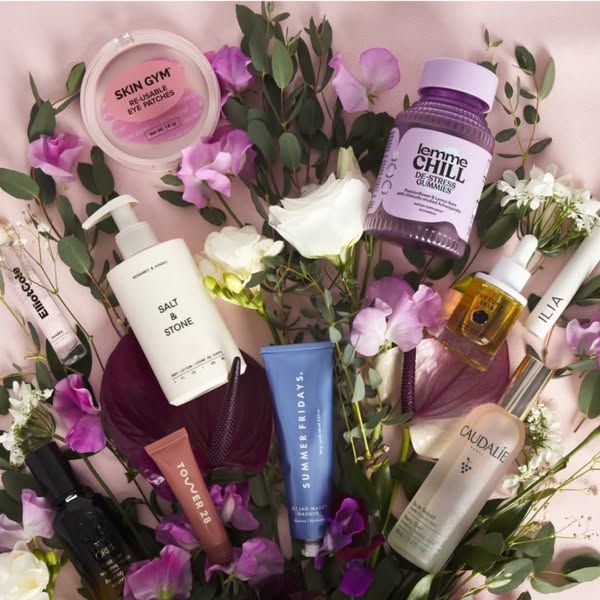 An image showcasing various beauty and wellness products from different brands, artfully arranged amidst a floral settin