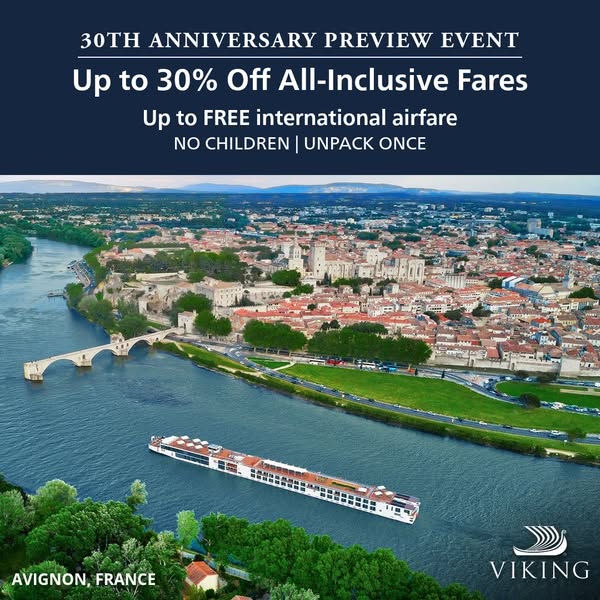 This image ad is for Viking River Cruises, advertising their 30th anniversary preview event with offers like up to 30% o