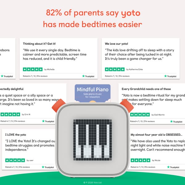 This ad for the Yoto Player uses parent testimonials to demonstrate how Yoto makes bedtimes easier. The product is promi