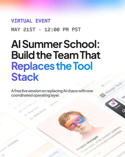 An advertisement for AI Summer School shows the tools and features that attendees will learn about to build their team.