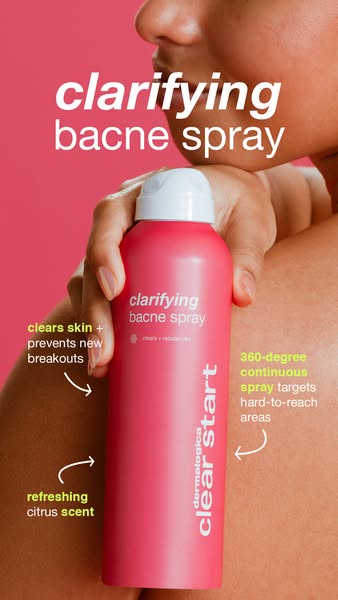 This ad showcases the Dermalogica Clear Start clarifying bacne spray. It highlights the product's ability to clear s