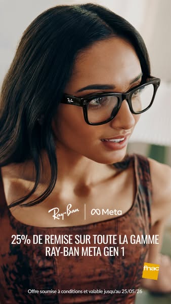 The ad features a woman wearing Ray-Ban Meta Gen 1 glasses and promotes a 25% discount on the entire Ray-Ban Meta Gen 1 