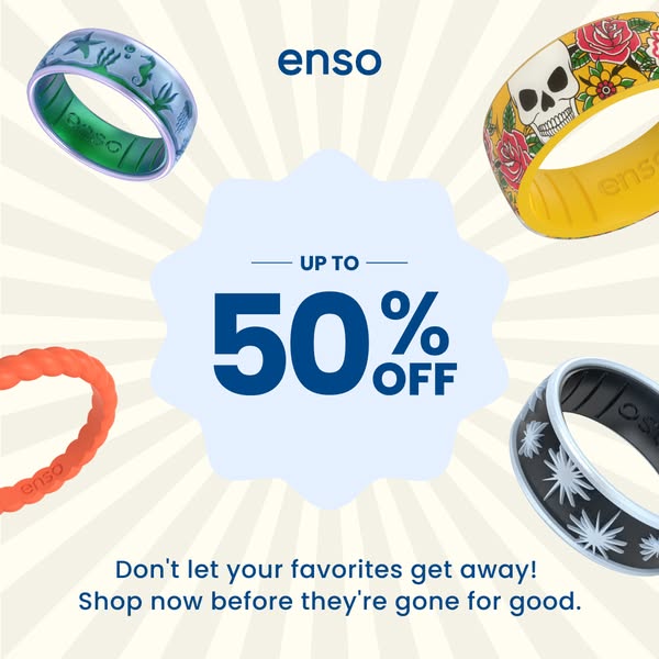 The ad features four Enso rings with different designs and advertises a sale of up to 50% off. It urges customers to sho