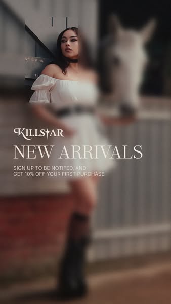 This image ad by Killstar promotes the brand's new arrivals and offers 10% off the first purchase for those who sign