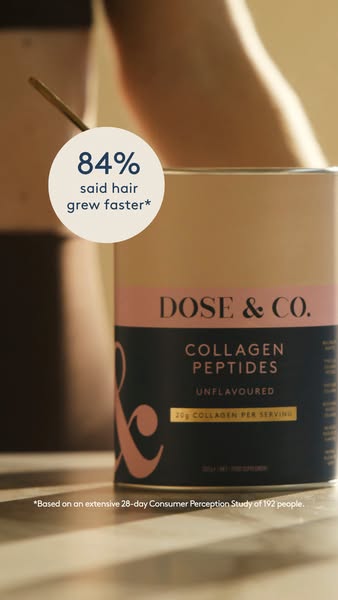 An advertisement for Dose & Co. collagen peptides featuring a testimonial from consumers claiming it helps hair grow