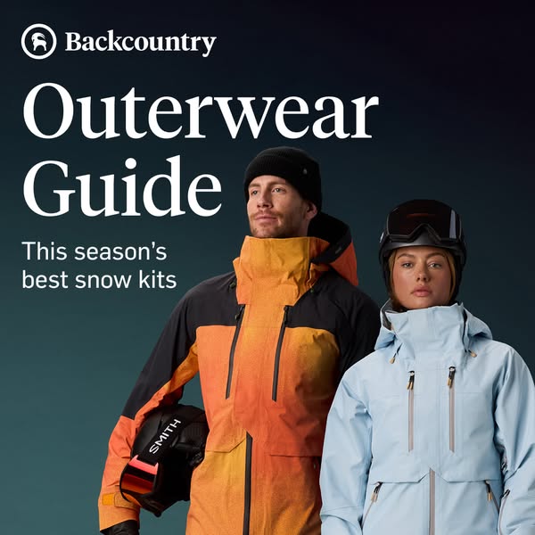 This ad showcases Backcountry's outerwear guide, featuring a man and woman wearing snow gear.