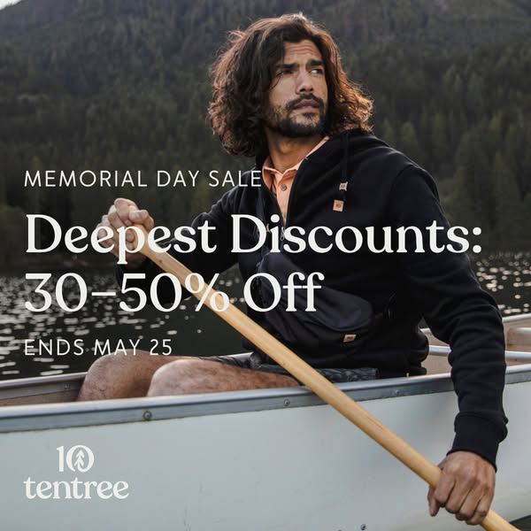 An image ad promoting TenTree apparel through a Memorial Day sale. The ad features a man paddling a canoe and highlights