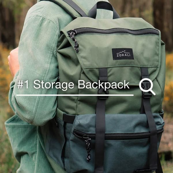 This ad showcases a ZORALI backpack, emphasizing its storage capacity and outdoor suitability. The visual style is clean