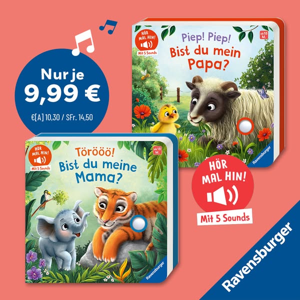 The ad showcases two children's sound books. One is titled "Piep! Piep! Bist du mein Papa?" featuring a la