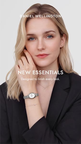 An ad for Daniel Wellington watches and jewelry. It features a woman wearing the advertised products.