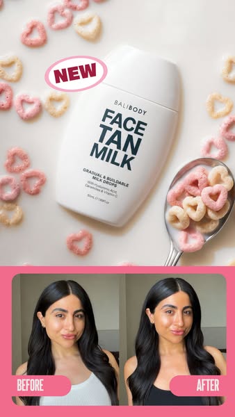 This ad for Bali Body Face Tan Milk uses a before and after to showcase the product. The layout and the heart-shaped cer