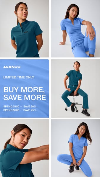 This image ad for Jaanuu features a tiled grid layout showcasing two different colors of Jaanuu scrubs on a light gray b