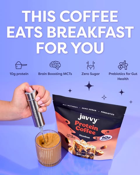 This ad showcases Javvy Protein Coffee, emphasizing its convenience and nutritional benefits. It features a hand using a