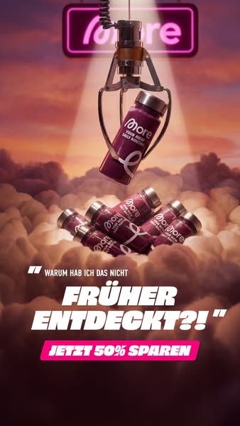 This ad features a claw machine game with More brand supplement bottles as prizes. The ad highlights a 50% off offer and