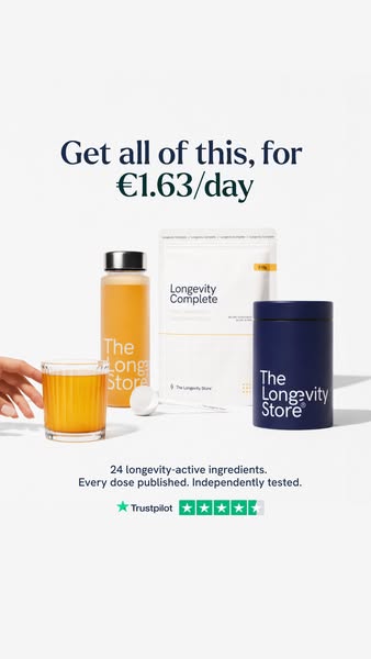 This image ad showcases The Longevity Store's product line and highlights their affordability per day along with soc