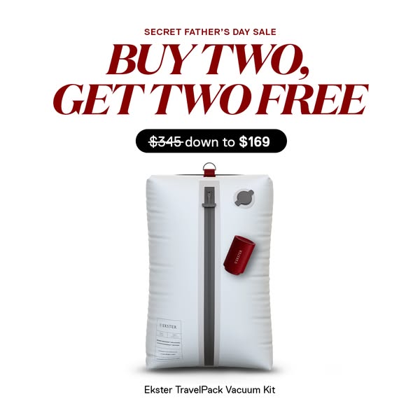 This ad showcases Ekster's TravelPack Vacuum Kit with an offer of buy two, get two free, and a sale price of $169 do
