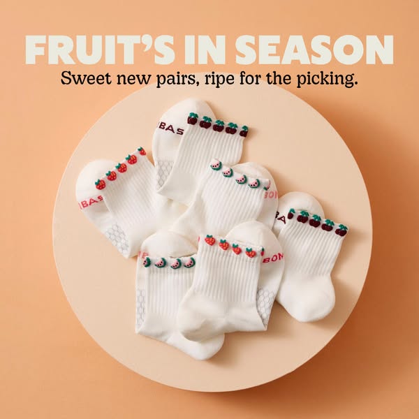 This ad showcases white ankle socks with strawberry, watermelon, and cherry designs. The headline plays on the theme of 